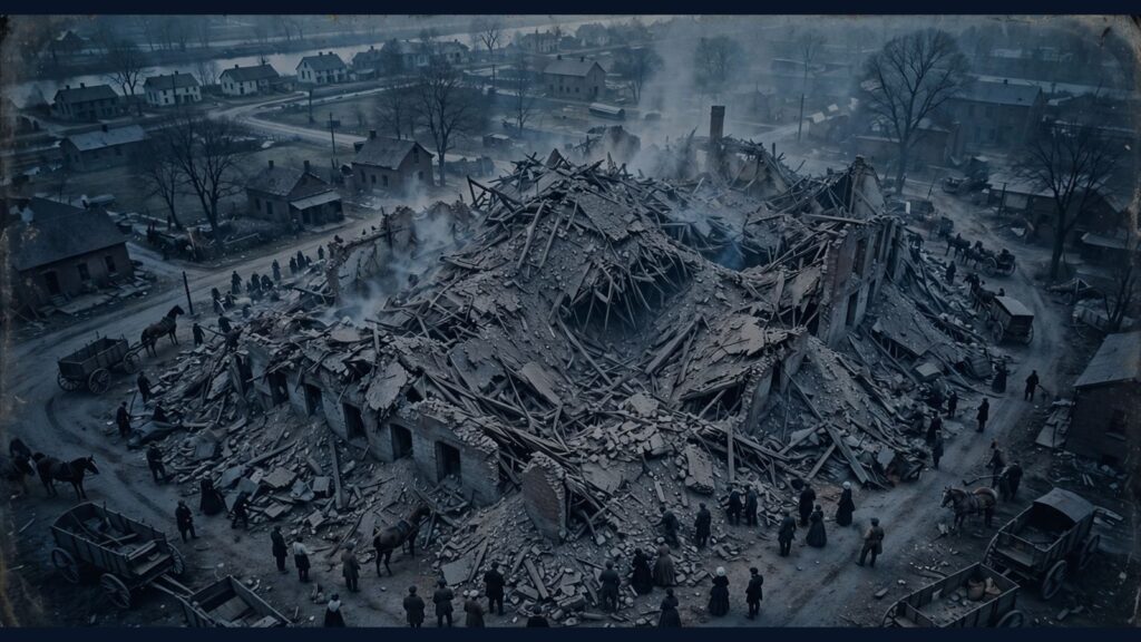The ruins of the Pemberton Mill after the collapse, Lawrence, Massachusetts, 1860